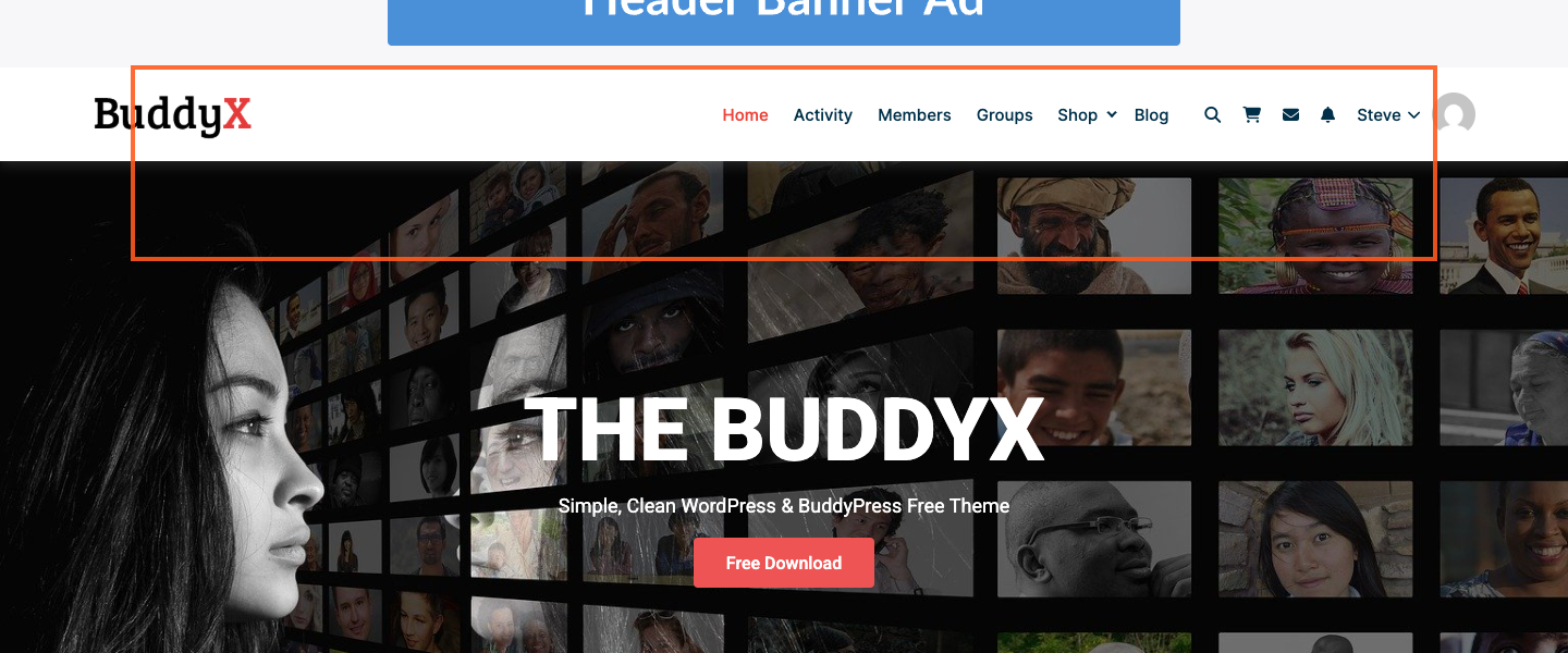 Front-end header banner placement powered by WB Ad Manager