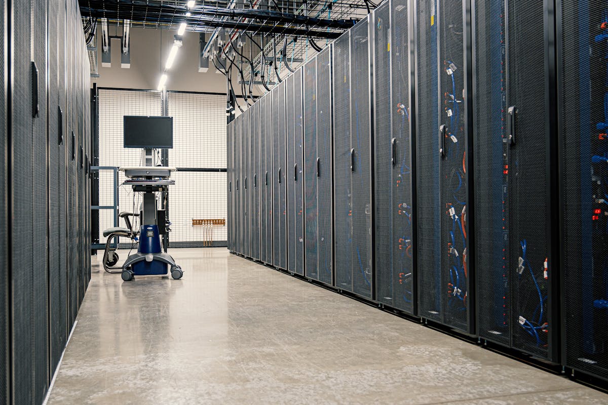 Modern data center server room representing enterprise CMS infrastructure for AEM to WordPress migration