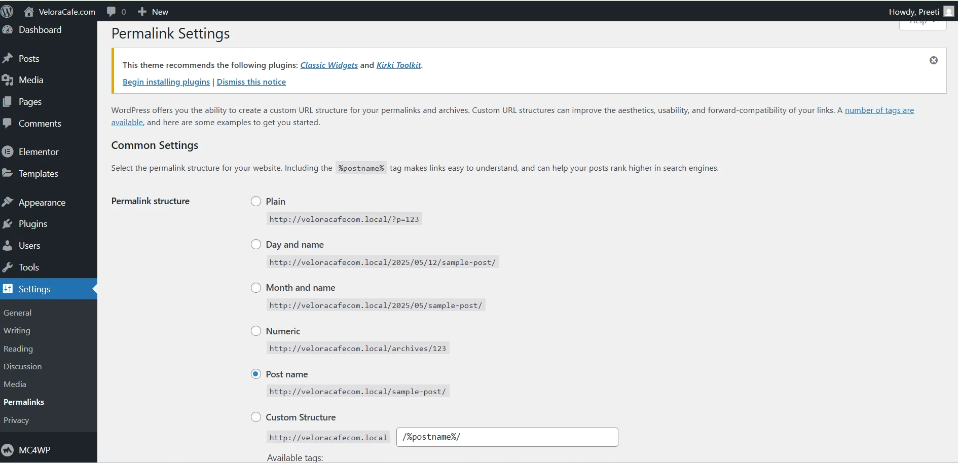 WordPress Settings Permalink