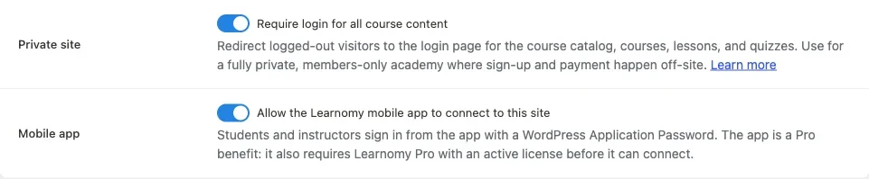 Learnomy private site toggle in settings