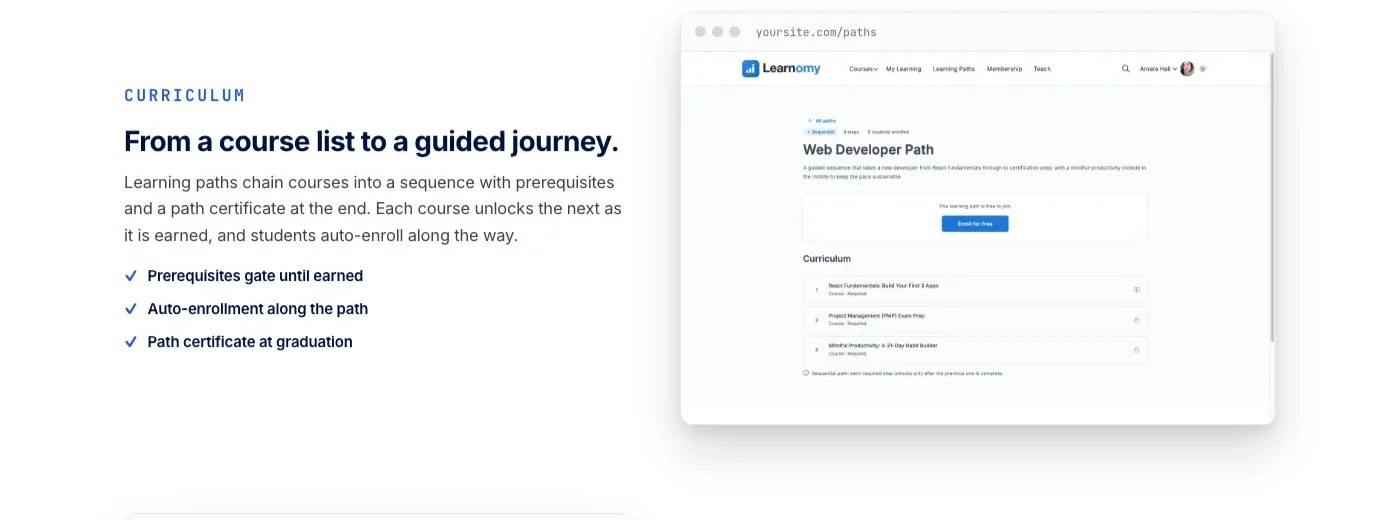 Learnomy learning path builder showing a sequenced course curriculum with prerequisites