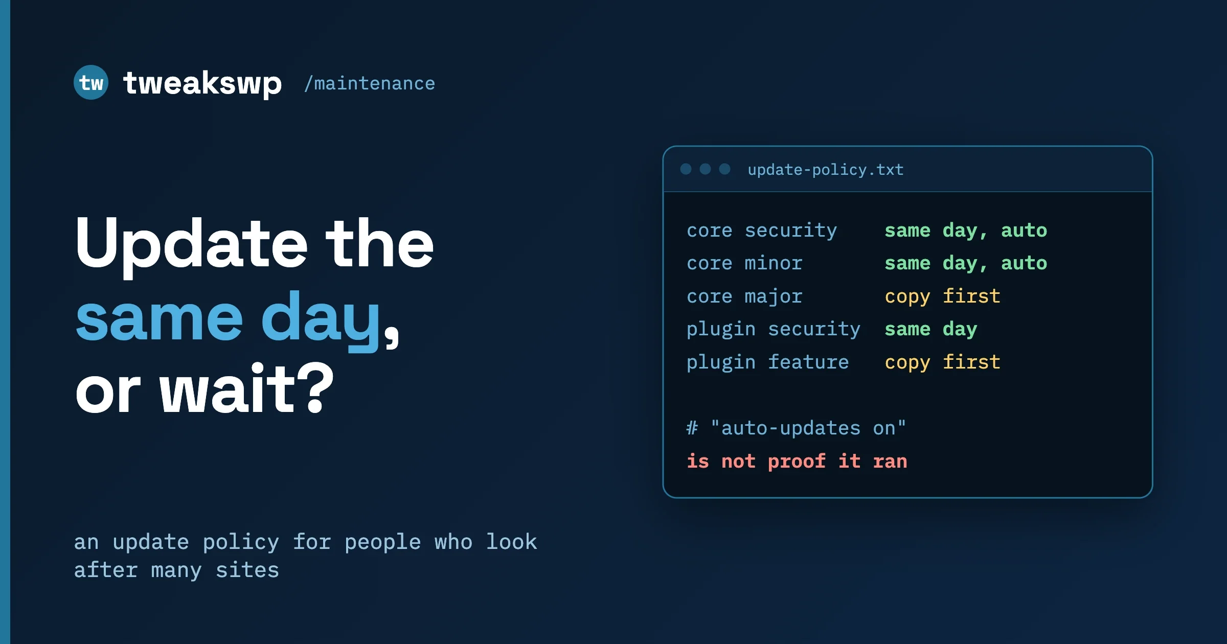 An update policy list: core and plugin security releases go out the same day, major and feature releases go to a copy first