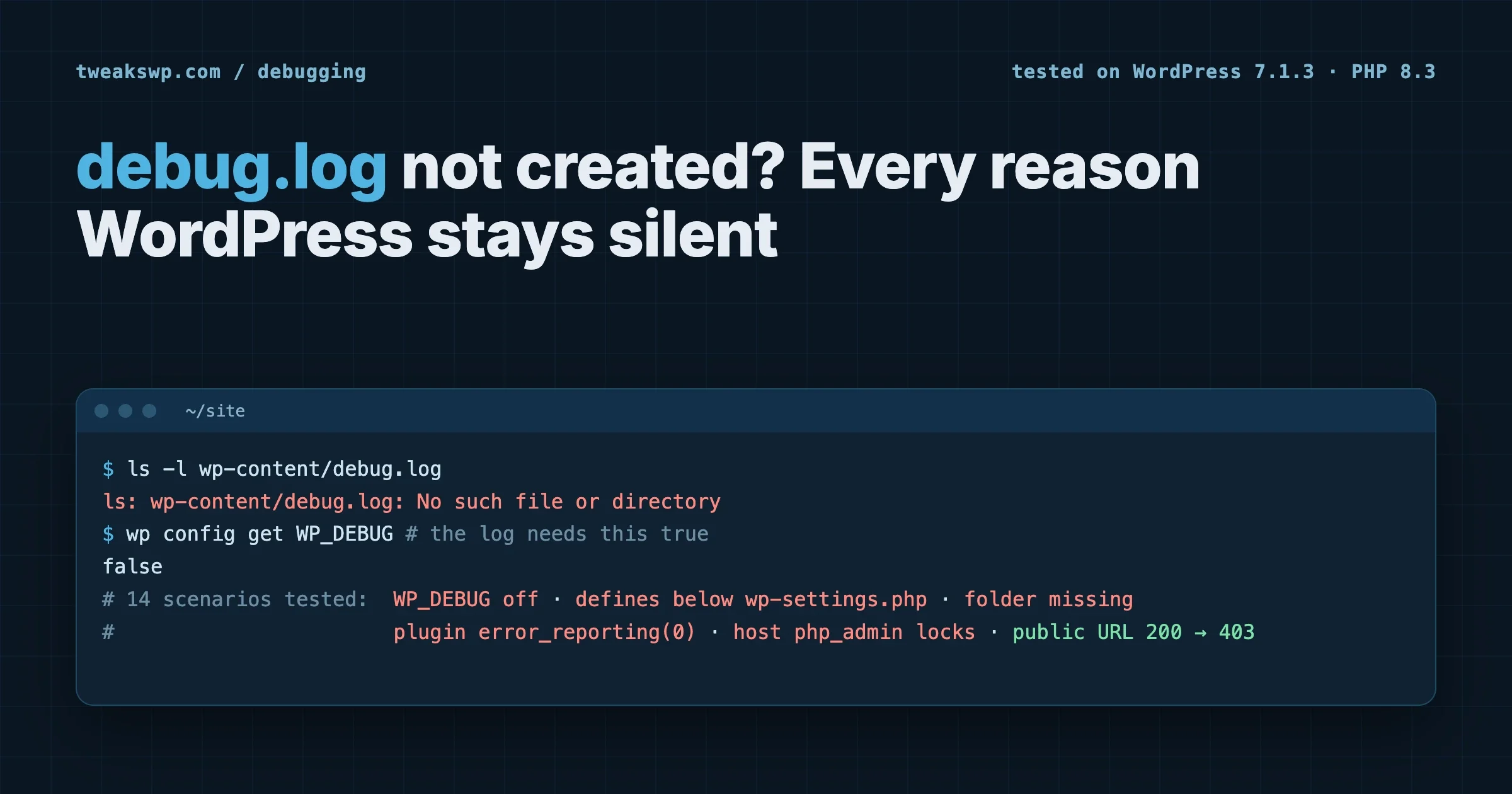 Terminal showing wp-content/debug.log missing and WP_DEBUG false, with the debug.log causes tested on WordPress 7.1.3