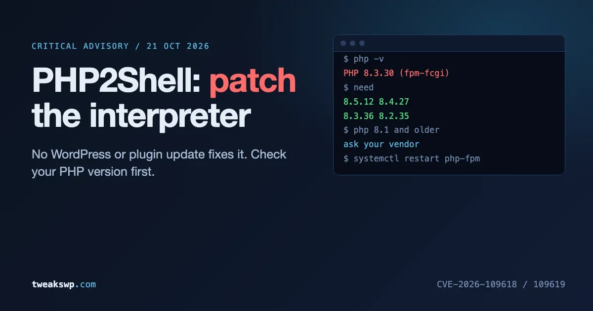 Terminal showing a PHP version check and the patched PHP releases 8.5.12, 8.4.27, 8.3.36 and 8.2.35 for PHP2Shell