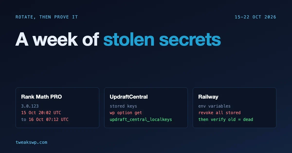 A week of stolen secrets: Rank Math PRO 3.0.123, UpdraftCentral stored keys and Railway environment variables