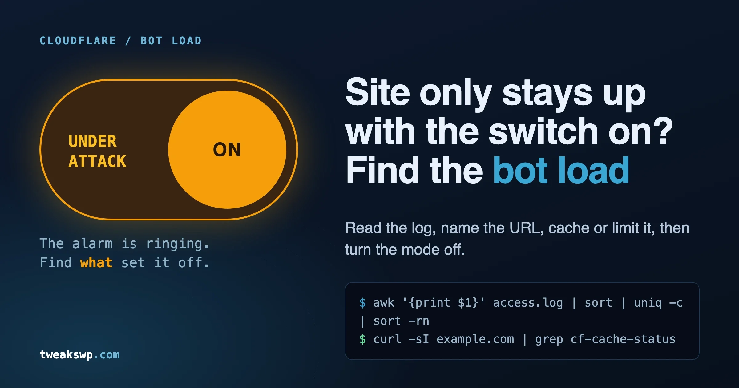 Toggle switch labelled Under Attack set to ON beside the headline asking how to find the bot load, with an awk log command and a curl cache check