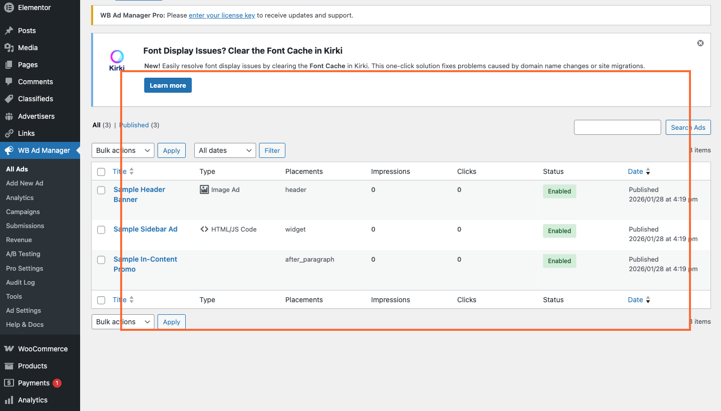 WB Ad Manager ads list with statuses and performance columns