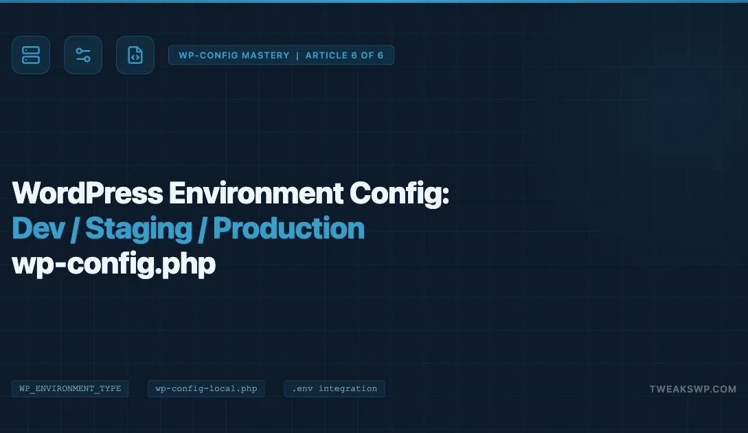 WordPress wp-config.php environment configuration for dev, staging, and production showing server, settings, and file-code icons on dark navy background