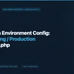 WordPress wp-config.php environment configuration for dev, staging, and production showing server, settings, and file-code icons on dark navy background