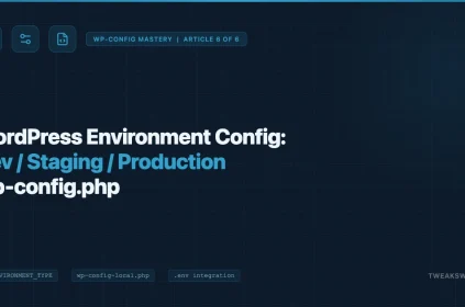 WordPress wp-config.php environment configuration for dev, staging, and production showing server, settings, and file-code icons on dark navy background