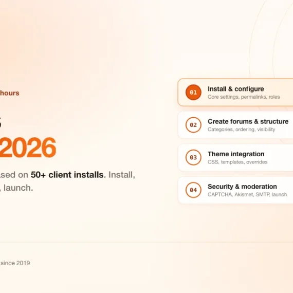 bbPress tutorial 2026 featured image with 4-step setup guide: install and configure, create forums, theme integration, security and moderation