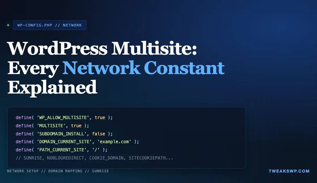 WordPress multisite wp-config.php network constants explained featured image with developer dark theme and syntax highlighting