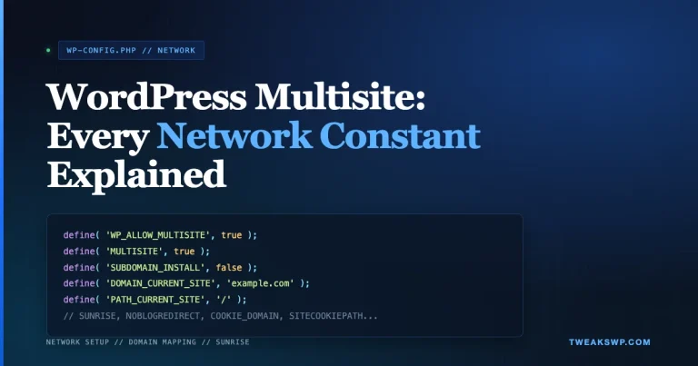 WordPress multisite wp-config.php network constants explained featured image with developer dark theme and syntax highlighting