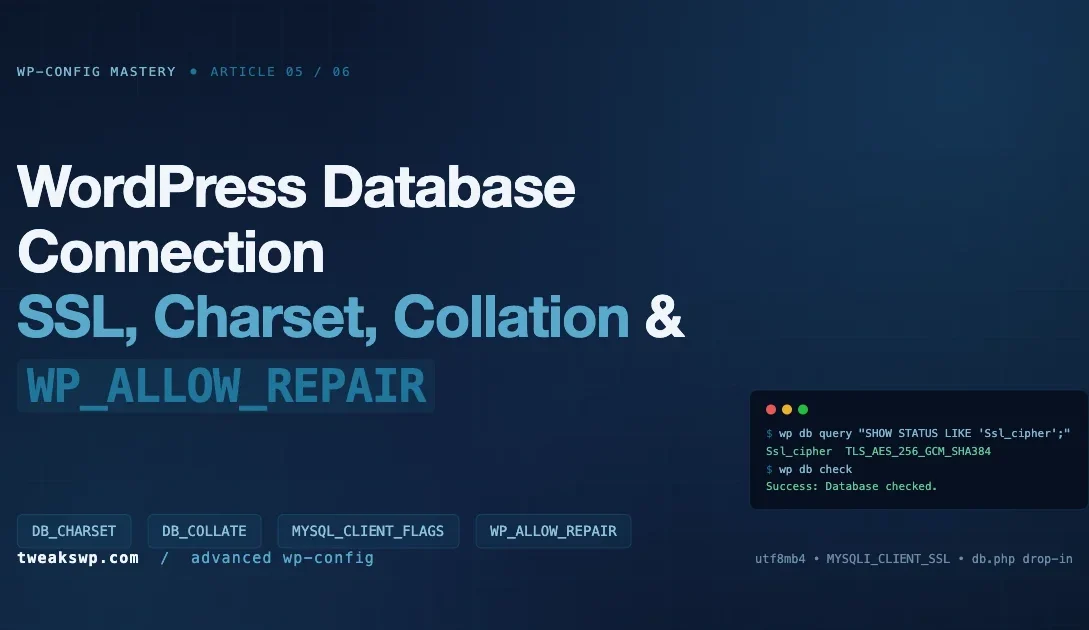 WordPress database connection constants: DB_CHARSET, DB_COLLATE, MYSQL_CLIENT_FLAGS, and WP_ALLOW_REPAIR shown with a WP-CLI TLS verification terminal