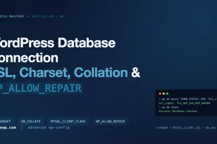 WordPress database connection constants: DB_CHARSET, DB_COLLATE, MYSQL_CLIENT_FLAGS, and WP_ALLOW_REPAIR shown with a WP-CLI TLS verification terminal
