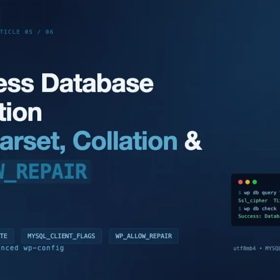 WordPress database connection constants: DB_CHARSET, DB_COLLATE, MYSQL_CLIENT_FLAGS, and WP_ALLOW_REPAIR shown with a WP-CLI TLS verification terminal