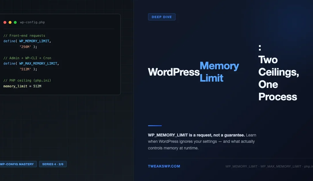 WordPress memory limit constants: WP_MEMORY_LIMIT vs PHP memory_limit diagram with wp-config.php code
