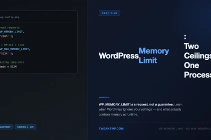 WordPress memory limit constants: WP_MEMORY_LIMIT vs PHP memory_limit diagram with wp-config.php code