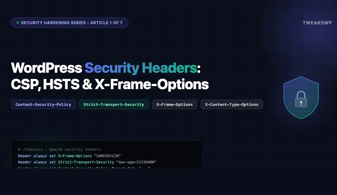 WordPress security headers guide showing .htaccess code for CSP, HSTS, and X-Frame-Options on a dark background