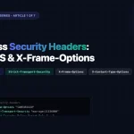 WordPress security headers guide showing .htaccess code for CSP, HSTS, and X-Frame-Options on a dark background