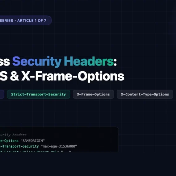 WordPress security headers guide showing .htaccess code for CSP, HSTS, and X-Frame-Options on a dark background