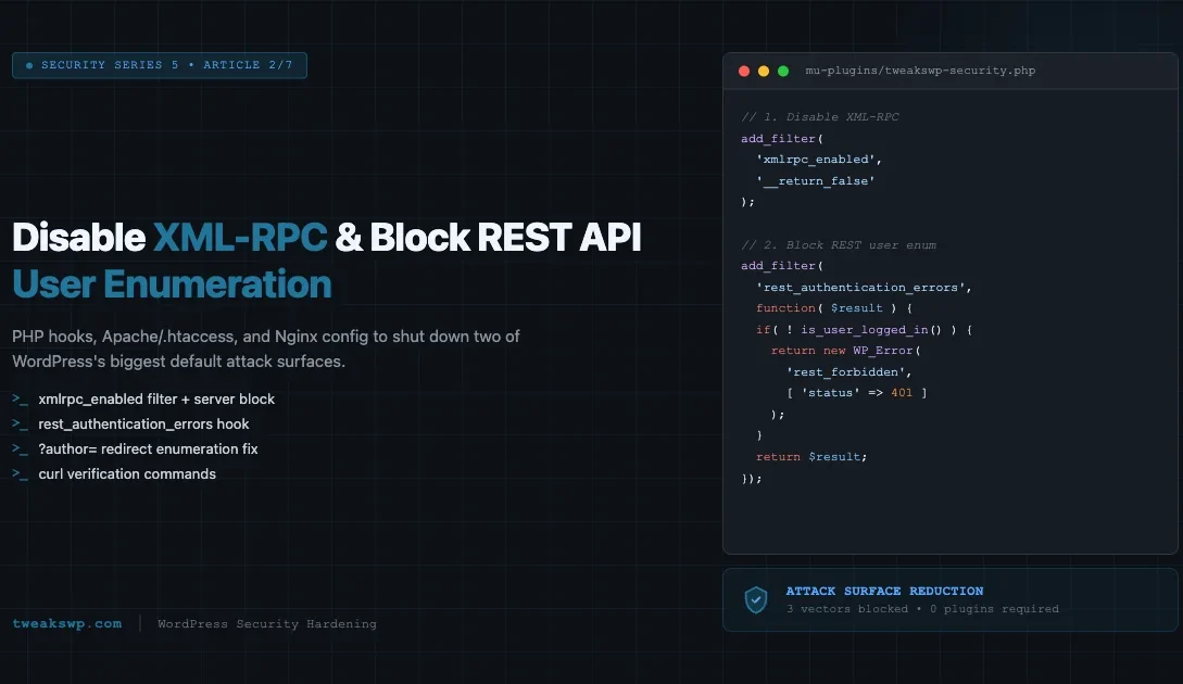 Dark developer-themed featured image showing PHP code for disabling XML-RPC and blocking REST API user enumeration in WordPress