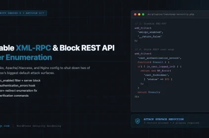 Dark developer-themed featured image showing PHP code for disabling XML-RPC and blocking REST API user enumeration in WordPress