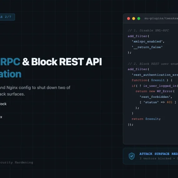 Dark developer-themed featured image showing PHP code for disabling XML-RPC and blocking REST API user enumeration in WordPress