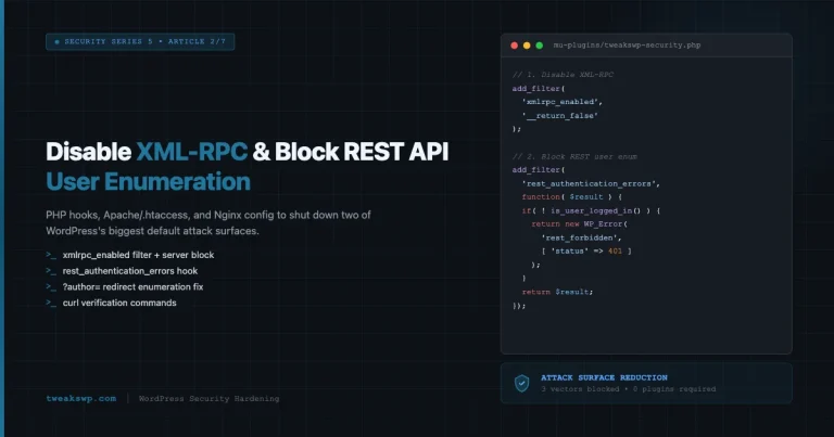 Dark developer-themed featured image showing PHP code for disabling XML-RPC and blocking REST API user enumeration in WordPress