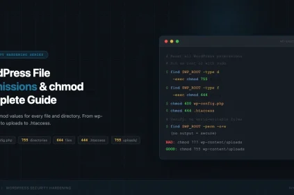 WordPress file permissions chmod guide showing correct values: 400 for wp-config.php, 755 for directories, 644 for files, 444 for .htaccess