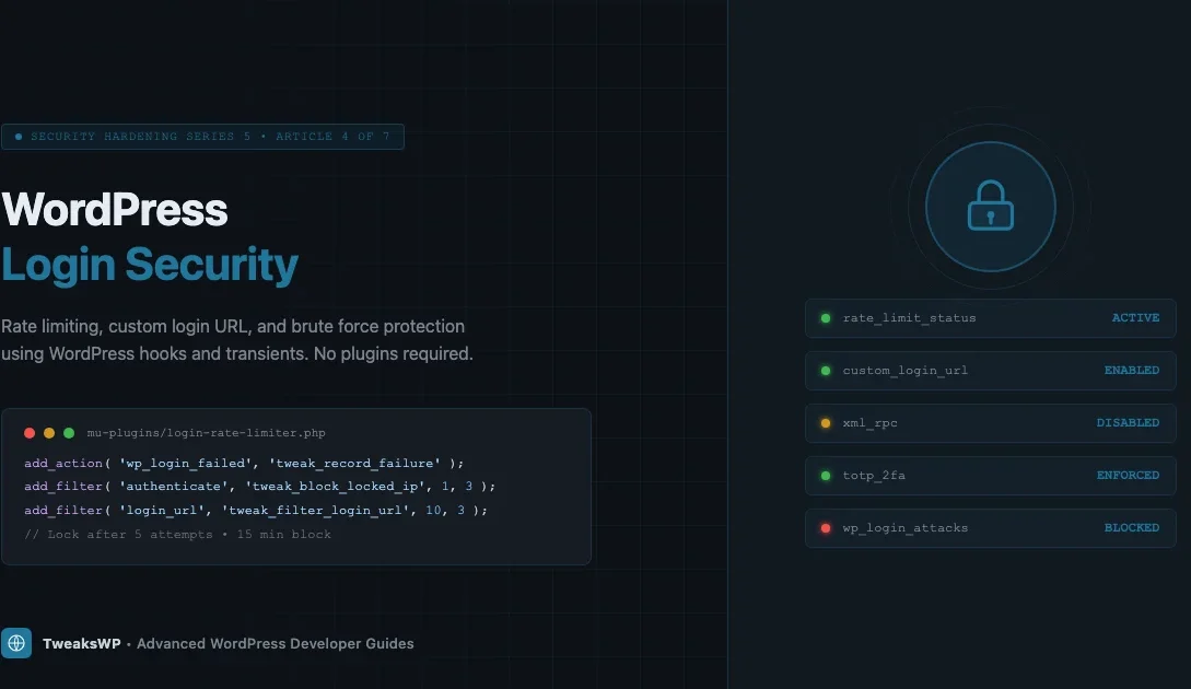 WordPress login security hardening: rate limiting with transients, custom login URL via rewrite rules, and brute force protection code diagram on dark developer background