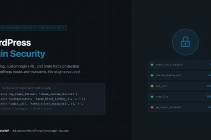 WordPress login security hardening: rate limiting with transients, custom login URL via rewrite rules, and brute force protection code diagram on dark developer background