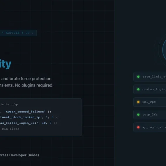 WordPress login security hardening: rate limiting with transients, custom login URL via rewrite rules, and brute force protection code diagram on dark developer background