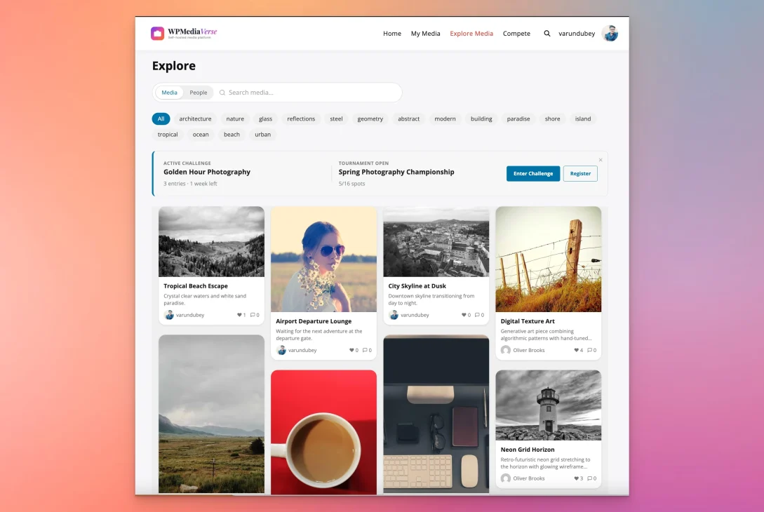 WPMediaVerse explore media feed with search, tags, contests, and masonry gallery layout