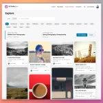 WPMediaVerse explore media feed with search, tags, contests, and masonry gallery layout