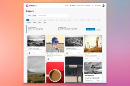 WPMediaVerse explore media feed with search, tags, contests, and masonry gallery layout