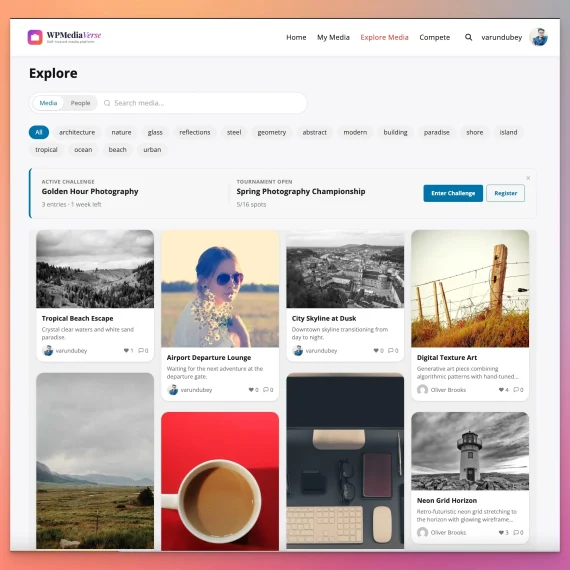 WPMediaVerse explore media feed with search, tags, contests, and masonry gallery layout