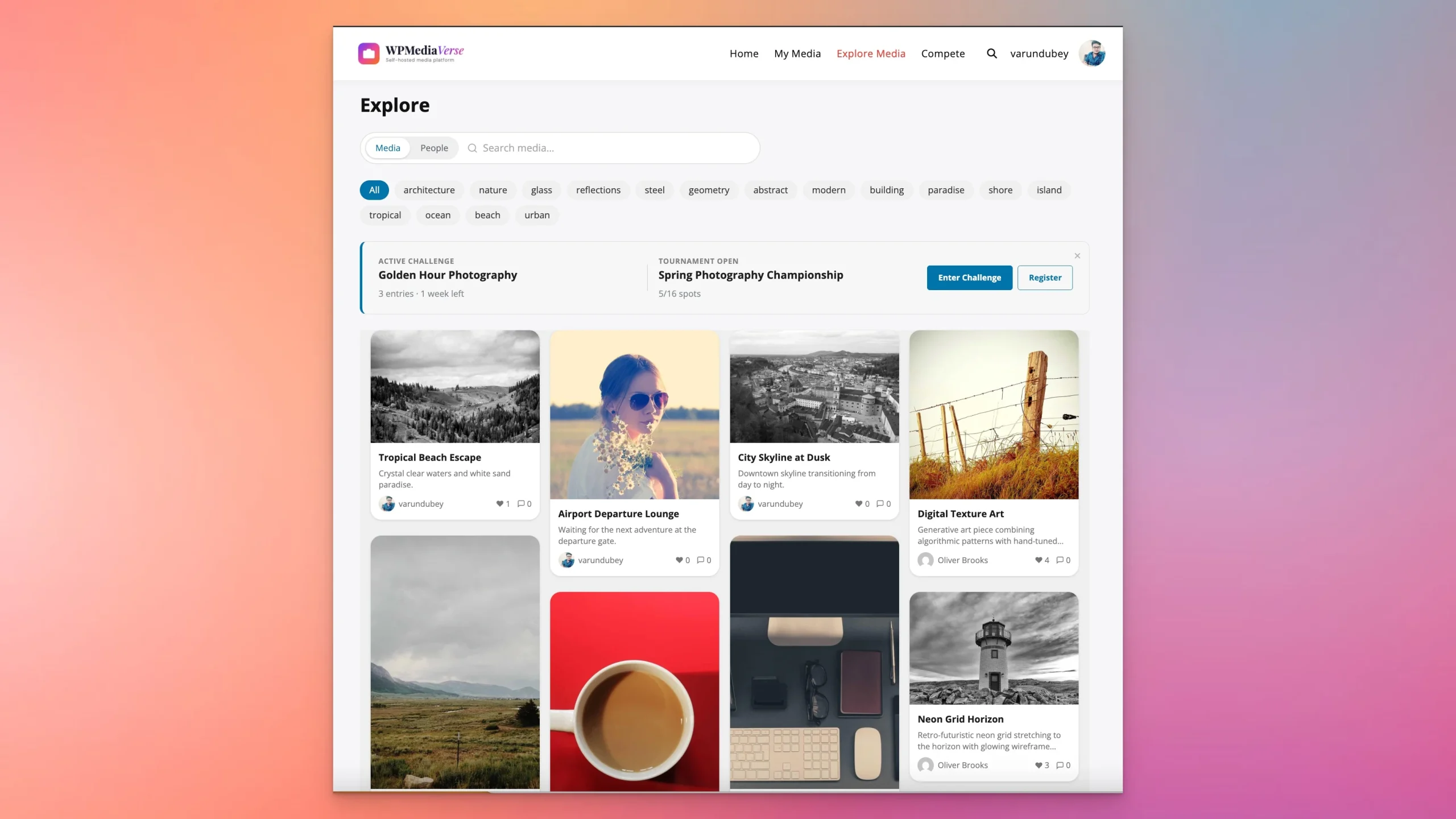 WPMediaVerse explore media feed with search, tags, contests, and masonry gallery layout