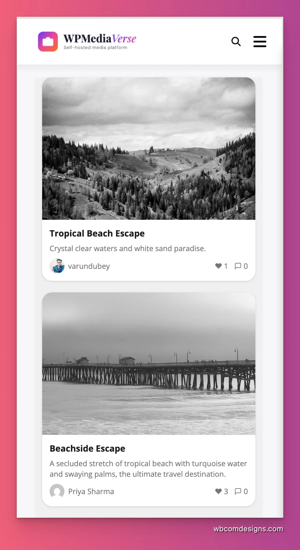 WPMediaVerse mobile explore feed showing media cards in a responsive layout