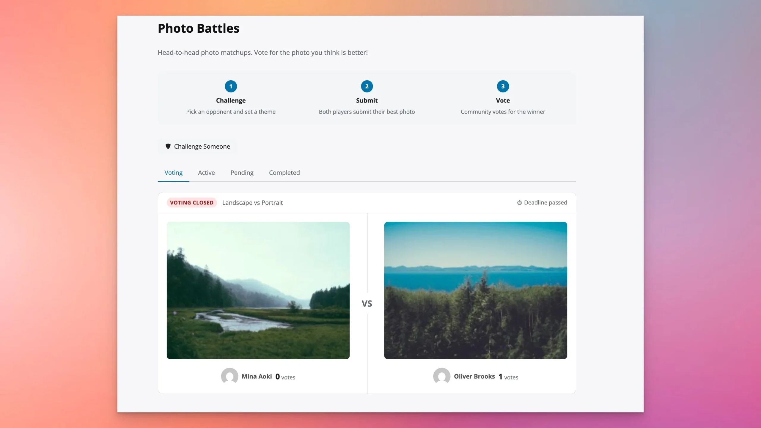 WPMediaVerse photo battles page for head-to-head photo contests and community voting