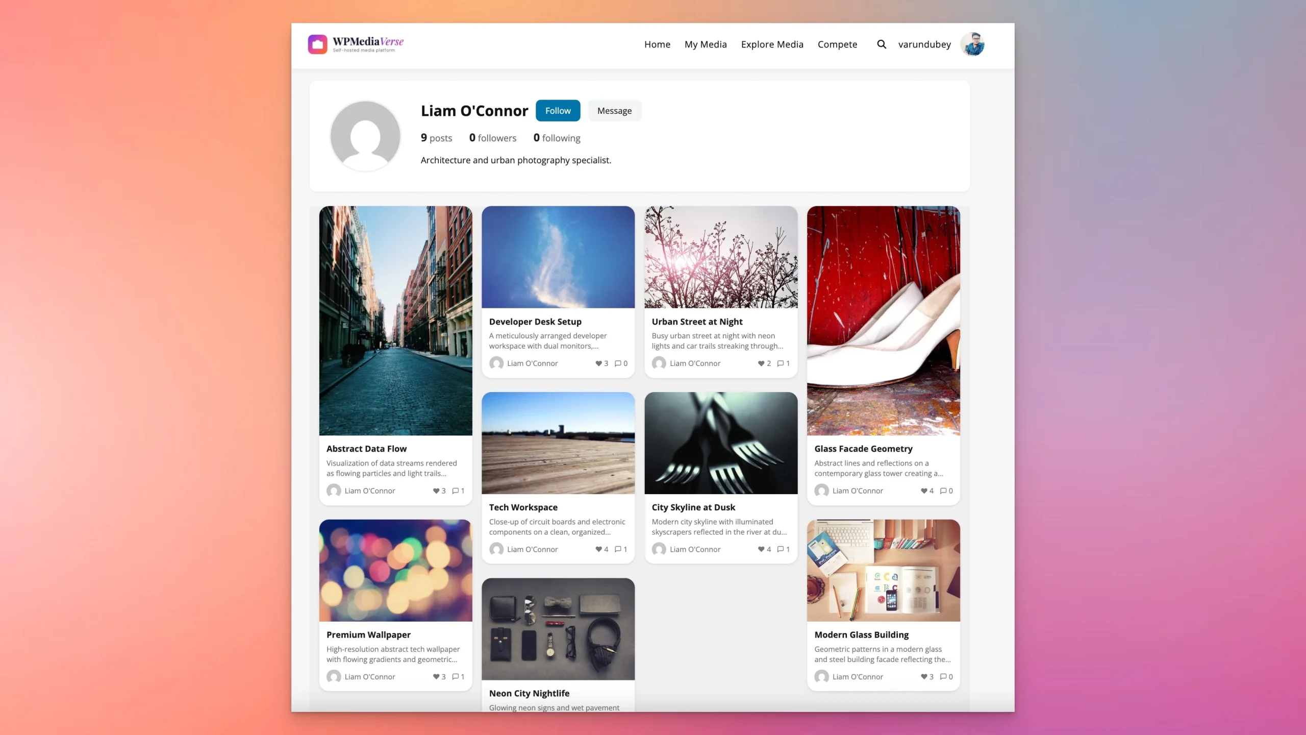 WPMediaVerse desktop profile page showing a user media grid with follow and message actions