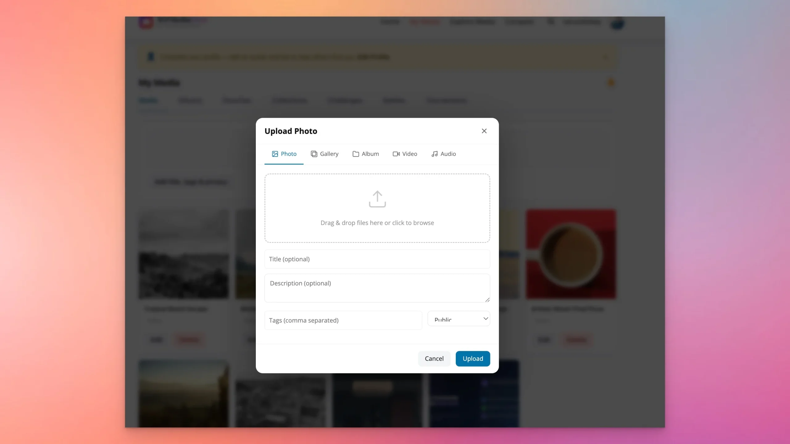 WPMediaVerse upload photo popup with drag-and-drop uploader, tags, privacy, and media type tabs