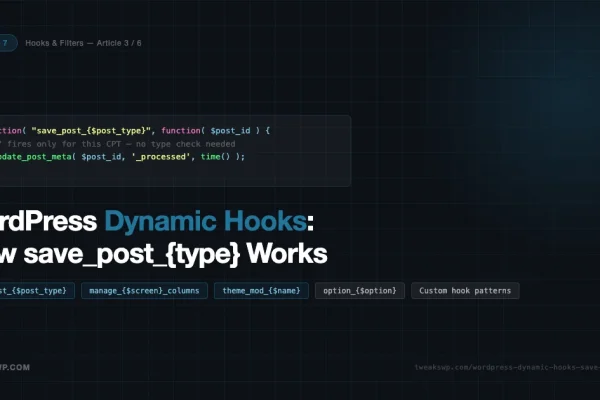 WordPress dynamic hooks code example showing save_post_{$post_type} pattern with dark developer theme
