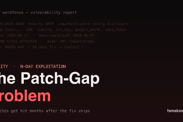 CVE-2026-4020 Gravity SMTP patch-gap timeline on a dark security log background