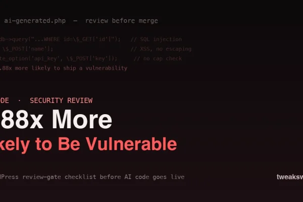 AI code 1.88x more likely to be vulnerable - WordPress review-gate checklist on a dark editor