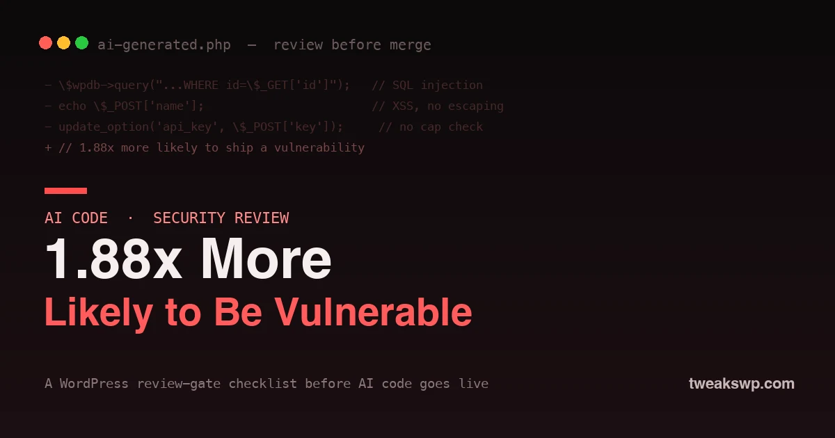 AI code 1.88x more likely to be vulnerable - WordPress review-gate checklist on a dark editor