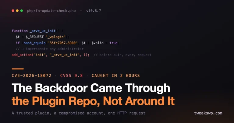 Dark code graphic showing the _arve_uc_init backdoor function comparing a request parameter against a hardcoded hash, registered on the init hook at priority 1 before authentication