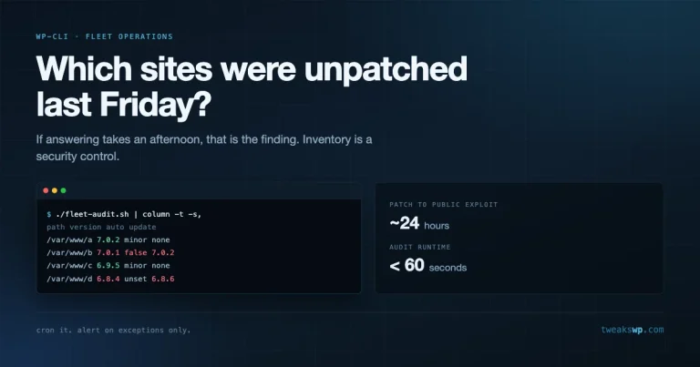 Dark terminal graphic showing a fleet audit script listing four WordPress sites with their core versions and auto-update settings, two flagged red as unpatched