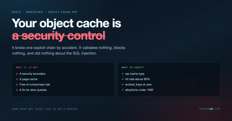 Dark graphic with the phrase a security control struck through in red, beside two panels listing what an object cache is not and what to verify