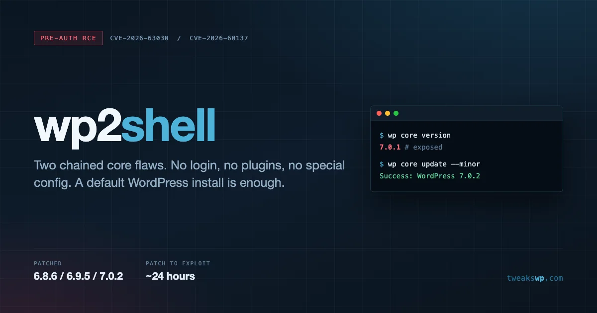 Dark terminal graphic reading wp2shell with CVE-2026-63030 and CVE-2026-60137, showing wp core version returning 7.0.1 as exposed and wp core update installing WordPress 7.0.2